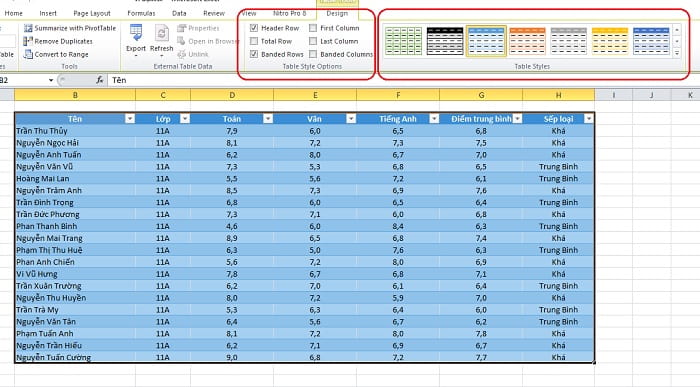 tạo bảng trong excel